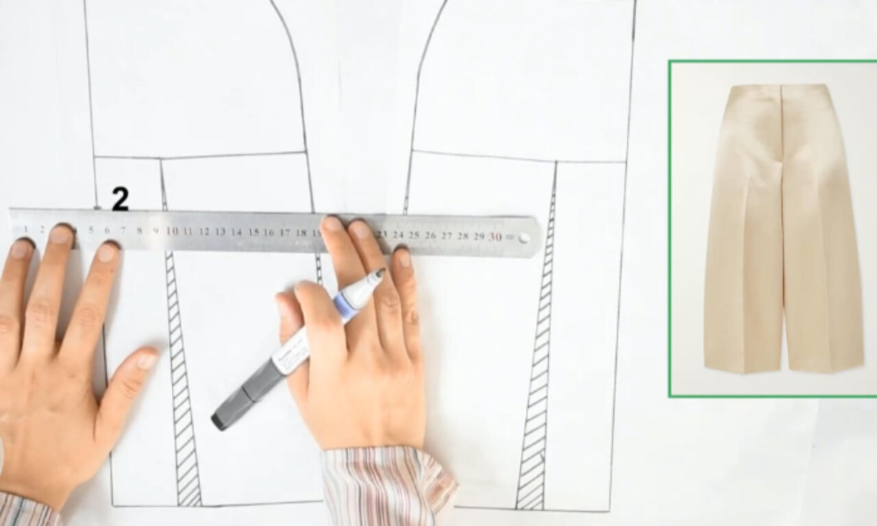 Hands drawing a sewing pattern on paper with a ruler and marker, next to an image of beige culottes.