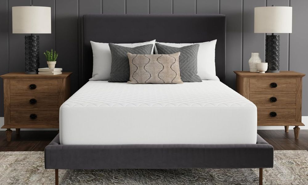 Modern bedroom with stylish bed gray headboard cozy white bedding decorative pillows wooden nightstands