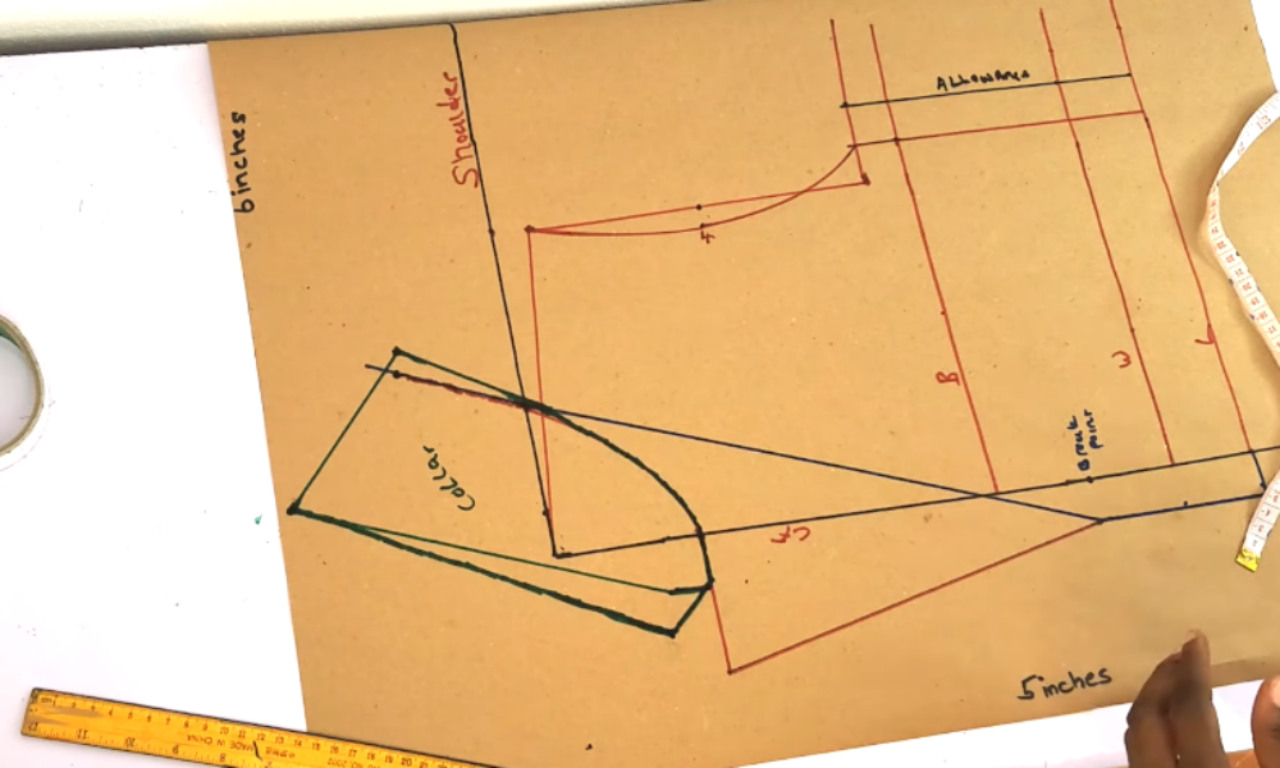 Pattern drafting with ruler and measurements on paper