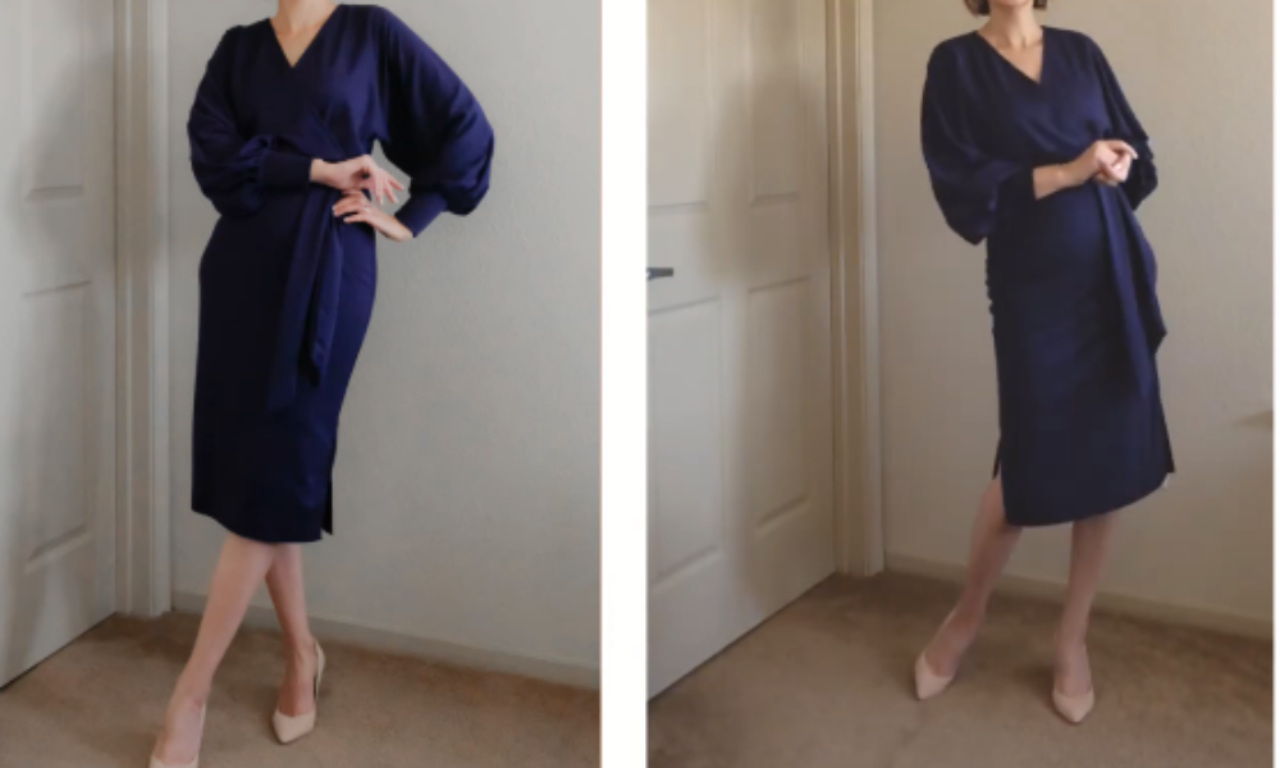 a navy faux-wrap, elastic-waist bodycon dress with long balloon sleeves and beige heels.