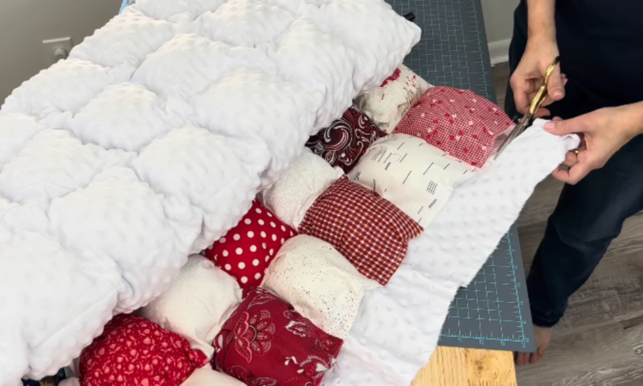 A quilter uses scissors to trim the excess white Minky fabric from the edge of a puff quilt after sewing the top and back together.