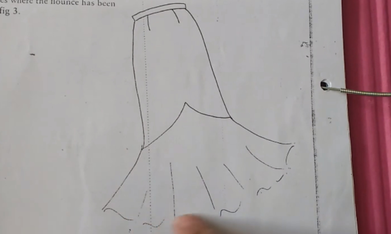 A hand-drawn sketch of a pencil skirt with a flutter hem design. The skirt is fitted at the top and flares out at the bottom with wavy, flowy detailing, showing the seam lines and construction for adding the flounce.