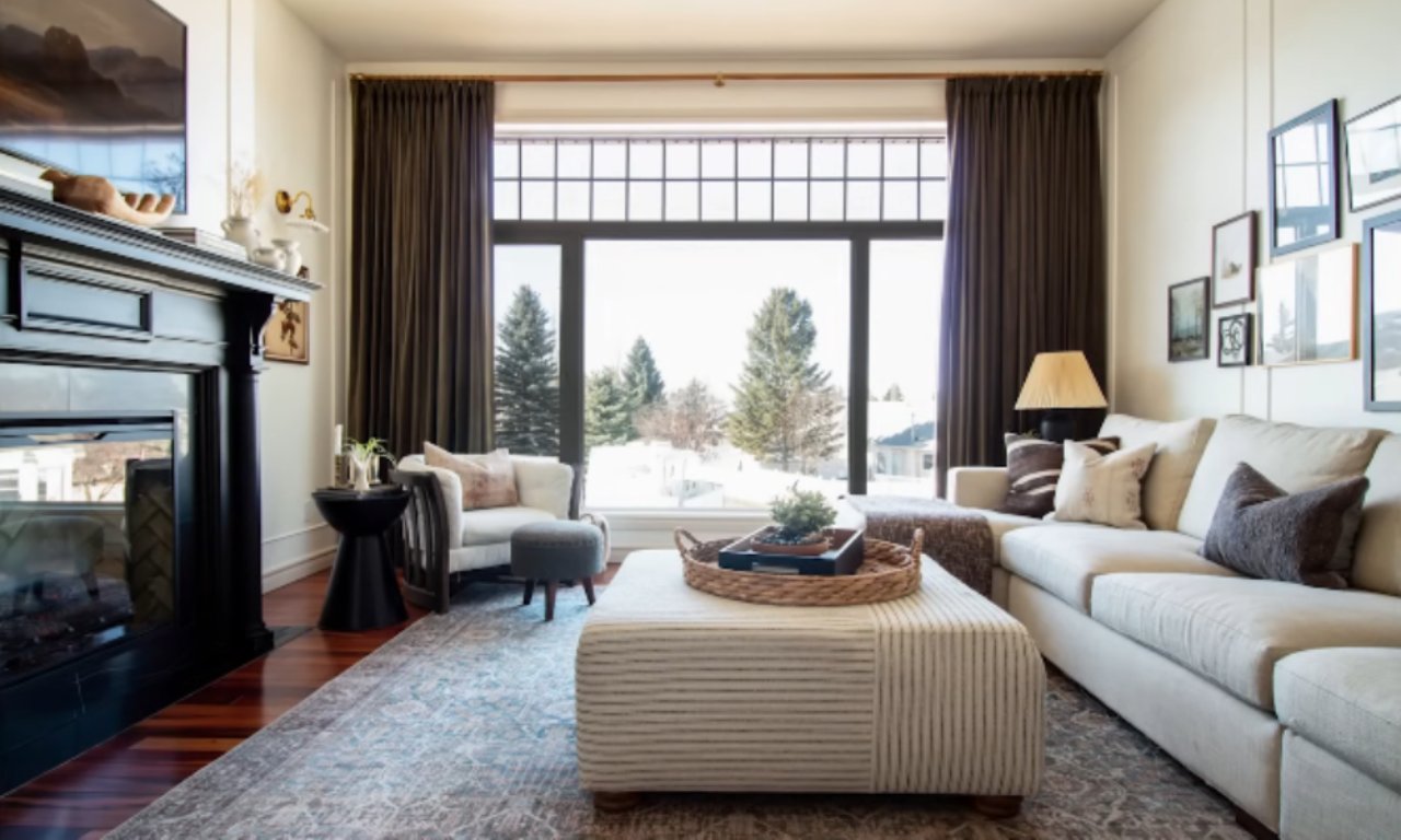 Cozy living room with a cream sectional sofa, patterned rug, and ottoman coffee table, decorated with throw pillows and lamps, featuring a large window with dark curtains overlooking snowy trees outside.