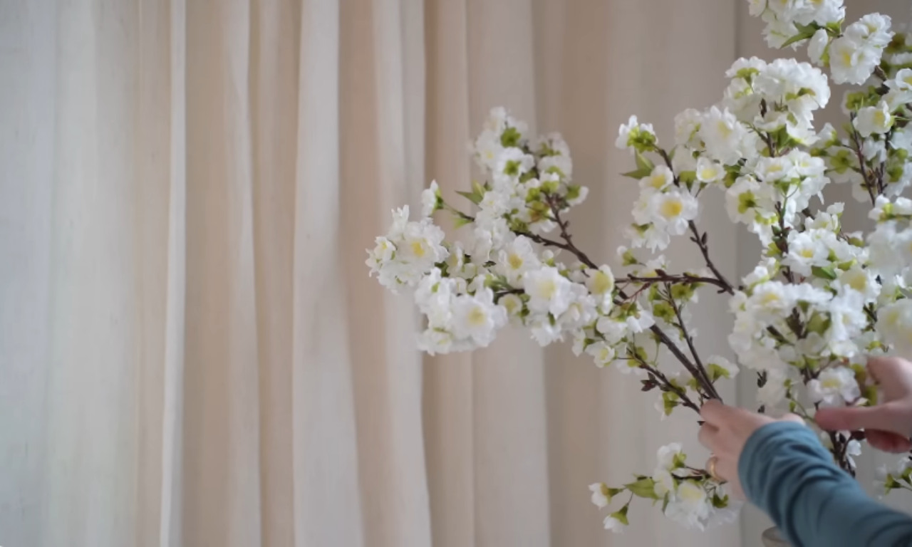 A close-up of hands arranging white cherry blossom branches in front of soft, cream-colored curtains. The blossoms are delicate with yellow centers, evoking a fresh and airy springtime feel in the decor.
