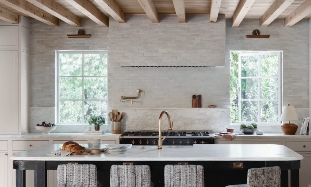Bold stone and deep color in a kitchen design