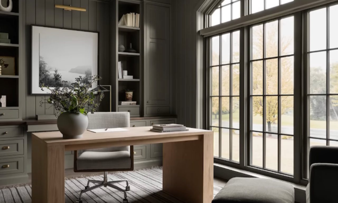 A sophisticated home office painted in a deep gray or olive color. Built-in cabinets with books and decor line the back wall. In the center is a simple, light-wood desk with a gray upholstered chair. A large arched window with black mullions on the right looks out onto a leafy, autumnal scene.