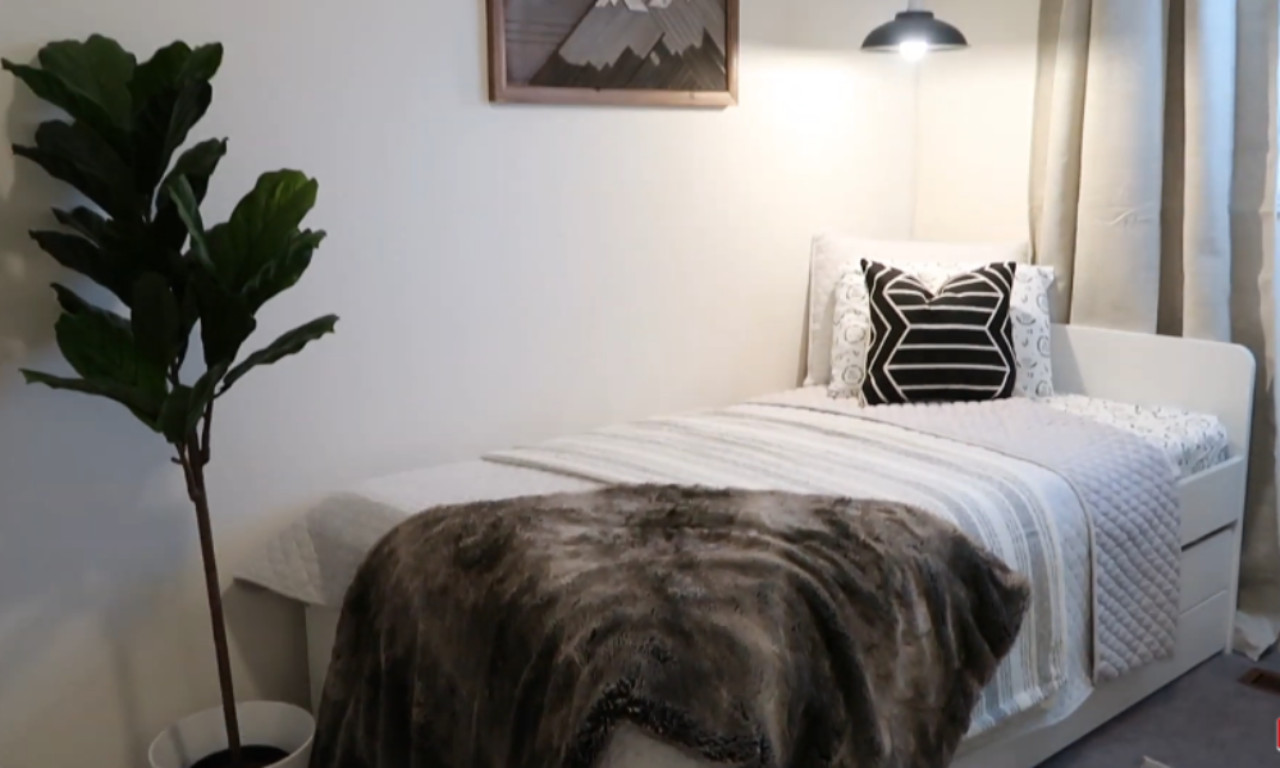 A modern, stylish single bed in a neutral-colored room. The bedding is a mix of white, gray, and a fluffy brown-and-gray faux fur throw blanket. A decorative pillow with a black-and-white geometric pattern rests against the headboard. A tall faux fiddle-leaf fig plant stands to the left, and a wooden mountain-themed wall hanging is above the bed.