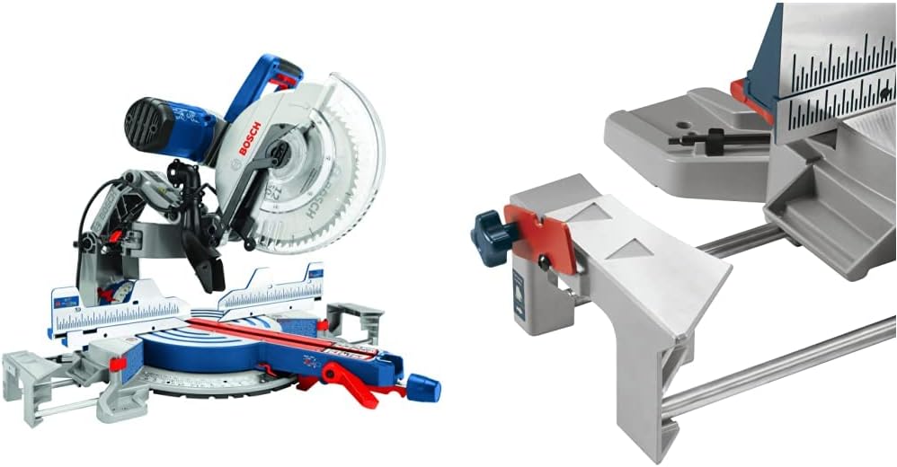 BOSCH GCM12SD 15 Amp 12 Inch Corded Dual-Bevel Sliding Glide Miter Saw with 60 Tooth Saw Blade & MS1234 Miter Saw Length Stop