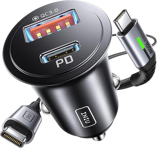 INIU Car Charger, Cigarette Lighter USB Charger Total 60W, 12V USB Socket with [1m] 100W Type C Cable Fast Charge, Car Phone Charge Adapter for iPhone 17 16 Samsung Laptops Switch 2 Car Accessories