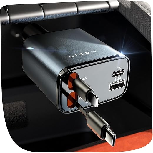 LISEN Retractable Car Charger, Gifts for Men Women, 69W Cars Adapter USB C Fast Charger for iPhoen 17, Car Accessories for Men Women, Gifts for Dad Mom, for iPhone 17 Pro Max Air 16 15 14 13 12 Plus