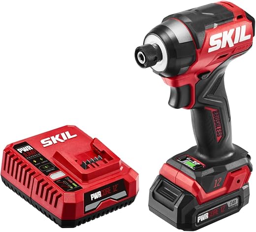 SKIL PWR CORE 12 Brushless 12V 1/4 In. Hex Compact Impact Driver Kit with 3-Speed & Halo Light & One-handed collet Including 2.0Ah Lithium Batteries and PWR JUMP Charger -ID6744A-10