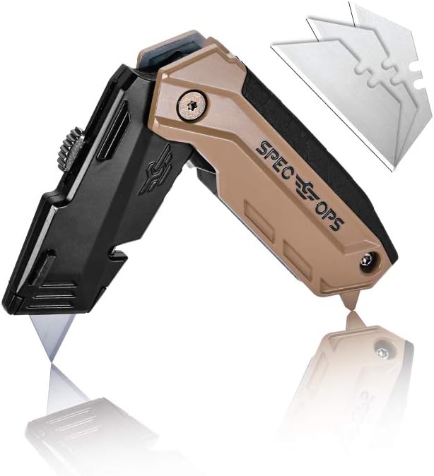 Spec Ops Tools Folding Utility Knife with Retractable Blade, Includes 3 Extra Blades in Handle Storage, 3% Donated to Veterans