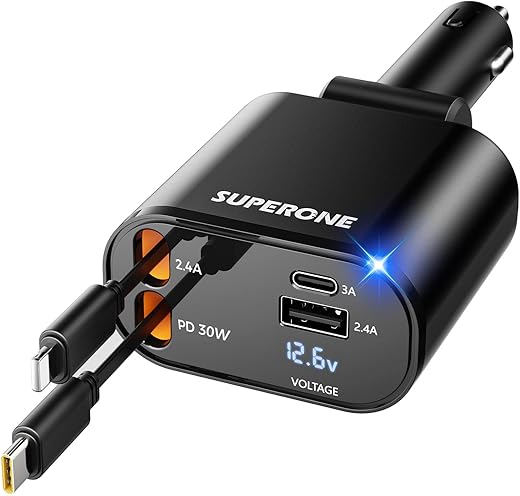 【Upgraded】 SUPERONE Retractable Car Charger 4 in 1, Fast Car Phone Charger with Cord 2.6ft, USB C and Apple Car Adapter, Compatible with iPhone 17 16 15/15 Pro Max/14/13/12/11, Galaxy, Pixel