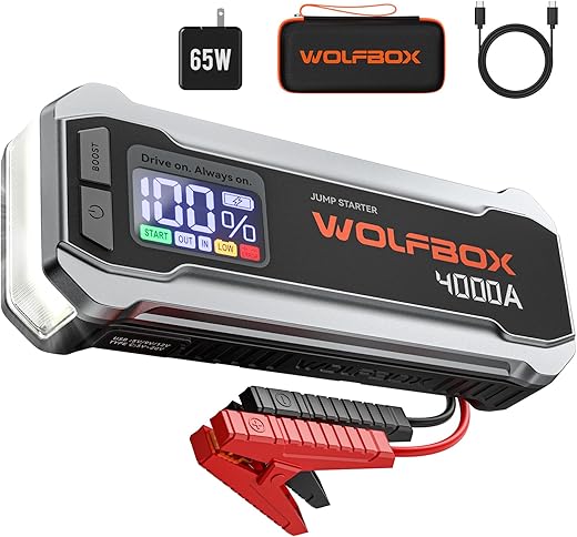 The Ultimate Guide to Powering Up: 11 Best Jump Starters for Any Vehicle WOLFBOX MV24 4000A Jump Starter,12V Car Booster Pack with 65W Quick Charger,LED Display,24000mAh Portable Jump Starter Battery (10L Gas 10L Diesel Engine) with LED Light,Jumper Cables