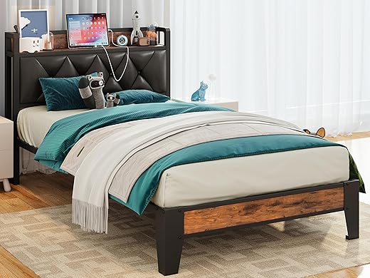 ANCTOR Twin Bed Frames, Storage Headboard with Outlets, Easy to Install, Sturdy and Stable, No Noise, No Box Springs Needed, Rustic Brown and Black