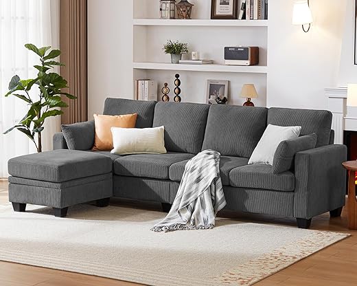 CHIC HOUSE Corduroy Modular Sectional Couch with Ottoman Chaise, L/U Shaped Sleeper Sofa for Living Room, Apartment, Lounge, Modern Armrest Neck Support Furniture (5 Seater Sectional, Old dg)
