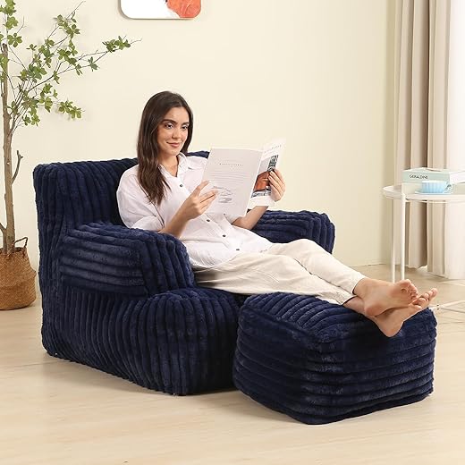 The Ultimate Guide to Cozy Comfort: 10 Best Reading Chairs Comfy Gaint Bean Bag Chair with Ottoman, Fluffy Huge Bean Bag Armchair for Adults and Teens, Boneless Chair for Adults Reading, Dark Blue