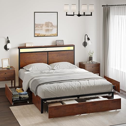 HAUSOURCE Full Bed Frame with 4 Storage Drawers Metal Platform Bed Frame Full Size with Headboard Charging Station LED Lights Non-Slip Without Noise No Box Spring Needed