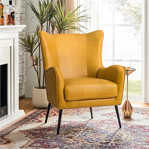 The Ultimate Guide to Cozy Comfort: 10 Best Reading Chairs HULALA Home Faux Leather Accent Chair w/Removable Cushion, Comfy Upholstered Armchair with Black Metal Legs & Nailhead Trim Wingback Vanity Chair Desk Chair for Reading Living Room Bedroom, Yellow
