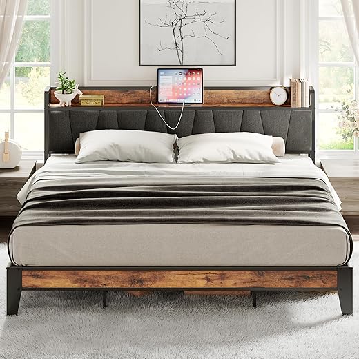 LIKIMIO King Size Bed Frame, Storage Headboard with Charging Station, Solid and Stable, Noise Free, No Box Spring Needed, Easy Assembly