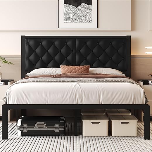Queen Bed Frame with Headboard PU Leather Upholstered Bed Frame Platform,All Metal Slats Support Platform Bed Frame with Storage Space,Easy Assembly,Noise Free,No Box Spring Needed,Black