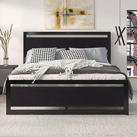 SHA CERLIN Full Size Bed Frame with Modern Headboard, Heavy Duty Platform Metal Base with Square Footboard and 13 Strong Slats Support, No Box Spring Needed, Black