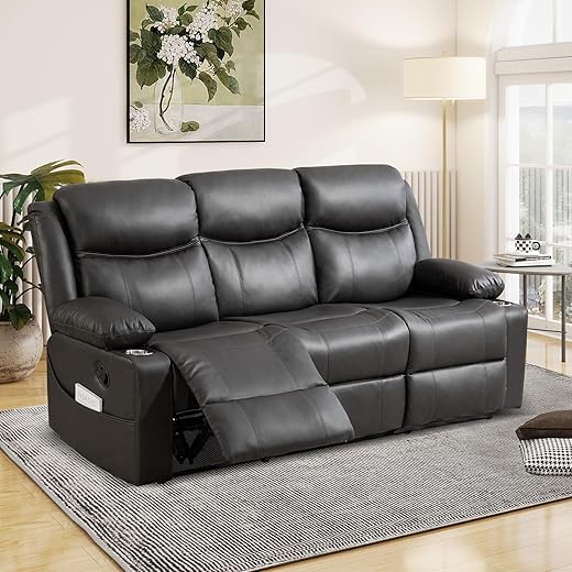 B BAIJIAWEI Reclining Sofa - 3 Seater Manual Recliner with Massage and Heat, Cup Holders, Loveseat Recliner Couch for Living Room(Grey)