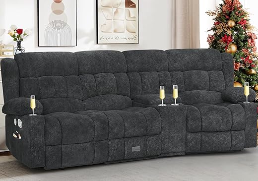 Dresegmt Recliner Sofa with Storage Console, Flip Middle Backrest Design 3 Seat Reclining Sofa with Storage Drawer, USB Ports & Cup Holders, Manual Couch for Living Room (Gray, 3 Seater + Console)