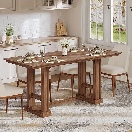 DWVO Farmhouse Dining Table for 6-8 People, 70" Long Kitchen Tables with Wooden Sturdy Legs, Large Rectangular Dinner Table for Kitchen, Dining Room, Living Room, Dark Walnut
