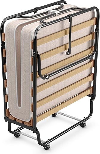 Giantex Folding Bed with Mattress, Rollaway Guest Bed w/ 4 Inch Memory Foam Mattress, Sturdy Metal Frame, Portable Bed Cot Size Easy to Store, Foldable Beds for Adults, Made in Italy