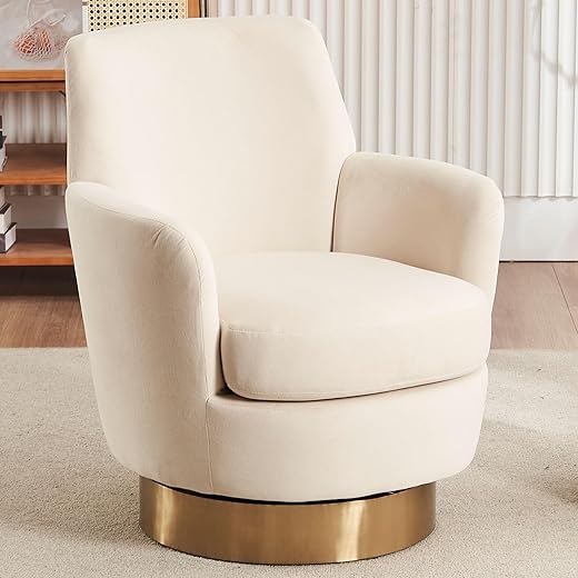 LUCKHAO Swivel Barrel Chair,Modern Velvet Upholstered Round Swivel Accent Chairs with Tall Backrest,360 Degree Single Sofa Chair Armchair for Living Room, Beige