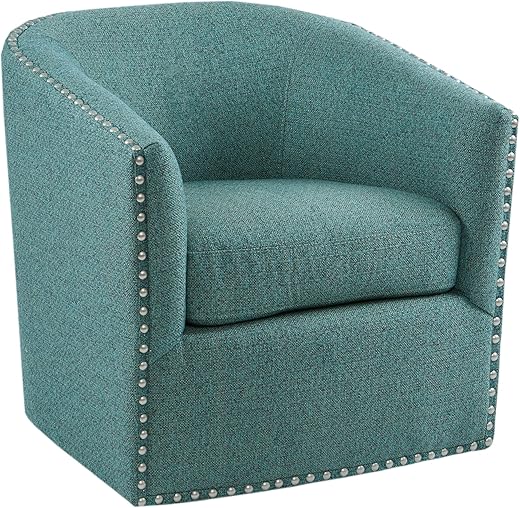 Madison Park Swivel Barrel Accent Chair, Upholstered Curved Back with 7-Inch Thick Woven Cushion, 360° Swivel, Nailhead Trim, Comfy Chair for Living Room, Bedroom, Office, 28" Wide, Teal, Tyler