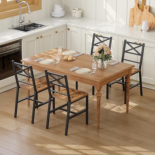 MAHANCRIS Dining Chair Set of 4, Rustic Wooden Kitchen Chairs with Backrest, Farmhouse Dining Chairs for Kitchen, Industrial Style Chair with Metal Frame, Easy Assembly, Rustic Brown TBHR1001S4