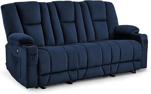 MCombo Zero Gravity Power Reclining Sofa with Heat and Vibration Massage, 3 Seater Reclining Couch with USB Ports, Cup Holders for Living Room, Fabric 6035SET (Navy Blue, 3 Seater)