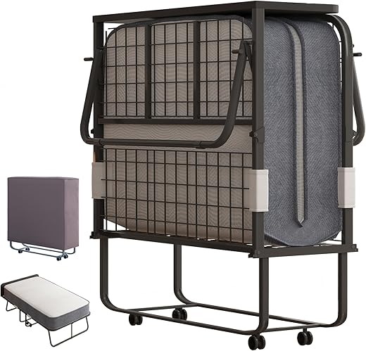 Mjkone Folding Bed with Mattress, 75“ X 31” Rollaway Bed for Adults with Headborad & Dustproof Bag, 5 Inch Portable Fold Up Bed with Casters, Foldable Frame, Space Saving for Bedroom