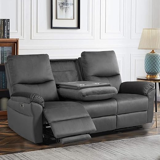 RIHEREFY Reclining Sofa with Console, Power Reclining Sofa with Drop-Down Table, Modern 3 Seat Power Reclining Couch, Wall Hugger Sofa Recliner for Living Room Furniture Sets(Dark Gray) | Console, USB, Type C