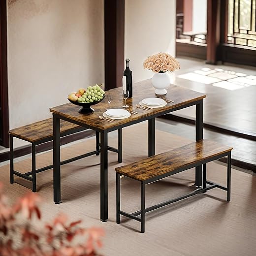 SumKea 3-Piece Dining Table Set for 4, Bar Table with 2 Dining Benches, 43.3'' Wood Kitchen Table & Chair Set for Breakfast Nook and Small Space, Brown&Black