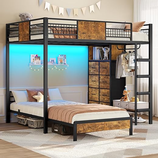 ADORNEVE Bunk Bed Twin Over Twin Size with 8 Storage Drawers, Twin Bunk Beds with Led Lights & Storage Shelves, Metal Loft Bed with 13.4" H Safety Guardrail & Ladder, for Kids & Teens, Black