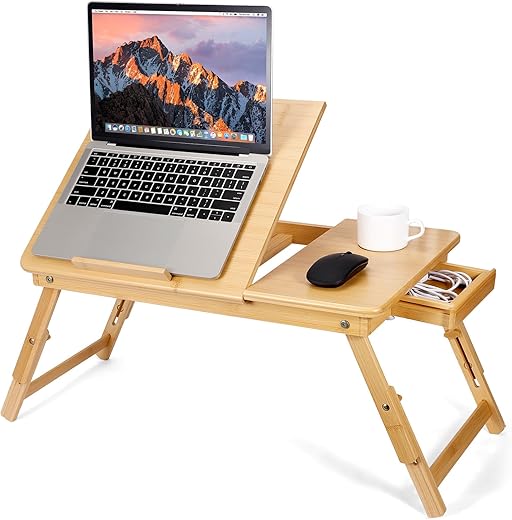 Foldable Laptop Desk for Bed, Adjustable Bamboo Laptop Desk with Tilting Top and Drawer, Portable Bed Desk for Laptop Writing Working Reading or Breakfast