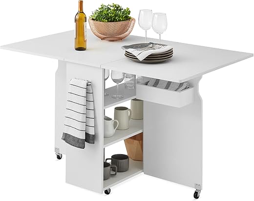 Best Choice Products Folding Dining Table, Multipurpose Space Saving Collapsible Drop Leaf Extension Desk w/Wheels, 3 Storage Shelves - White