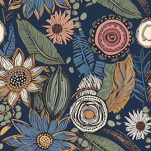 19 Best Renter Friendly Peel and Stick Products Blue Boho Wallpaper Peel and Stick,Vintage Floral Contact Paper 17.5" x 393.7", Retro Flower Paisley Botanical Wall Paper Self Adhesive Removable Waterproof for Walls Shelves Cabinet Table Decoration