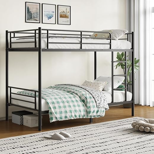 Bunk Bed Twin Over Twin for Kids Teens Adults with Ladders and Guardrail,Sturdy Literas Heavy Duty Metal Slats,400 lbs Capacity,No Spring Box Required,Black