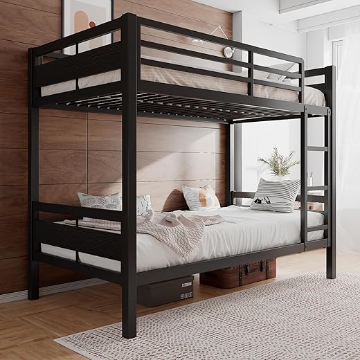 Bunk Bed Twin Over Twin, Heavy Duty Metal Bed with Ladder and Full-Length Guardrail, Under-Bed Storage Space, No Box Spring Needed, Noise Free, Black