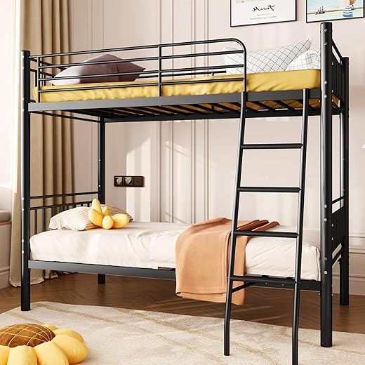 Bunk Bed Twin Over Twin, Metal Bed Frame, Twin Bunk Bed with Stairs and Safety Guardrail, No Box Spring Needed, Noise Free for Apartment, Bedroom (Black,02)