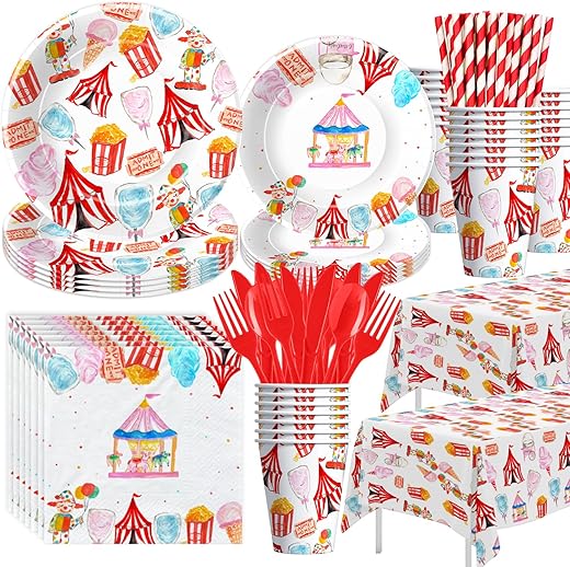 Circus Theme Party Decorations Tableware, Carnival Party Supplies, Plate, Cup, Napkin, Tablecloth, Cutlery, Straw, Circus Carnival Theme Party Decorations For Birthday Baby Shower | Serve 24