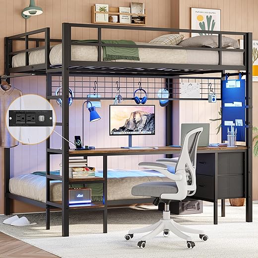 DICTAC Full Over Twin Bunk Bed with Desk and Charging Station Metal Full Over Twin Size Bunk Bed with Led Lights,Storage Shelves and Drawers,Bunk Beds for Teen/Adult with Safety Guard & Stairs,Black