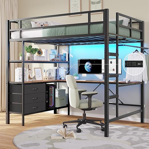 DICTAC Loft Bed Full Size with L-Shaped Desk and Charging Station Metal Full Size Loft Bed with LED Lights,Storage Shelves and 3 Storage Drawers,Loft Beds for Teen/Adult with Safety Guard&Stairs,Black