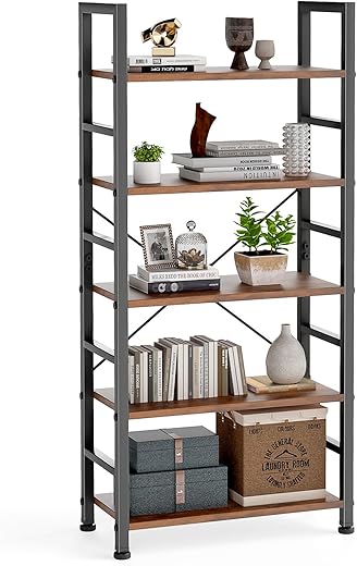 DUMOS 5 Tiers Bookshelf, Classical Modern Book Shelf, Tall Display Shelves in Living Room/Home/Office, Storage Organizer for CDs/Books/Movies, Rustic Brown