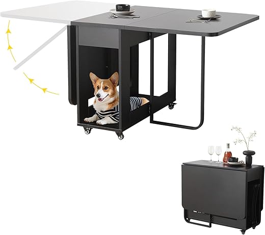 Folding Dining Room Table with Two Drawers for 4/6 with Space Saving Drop Leaf Table,Lockable Wheels & Storage, Heavy Duty Plywood Top 300lb, Convertible Desk for Apartments/RV/Home Office