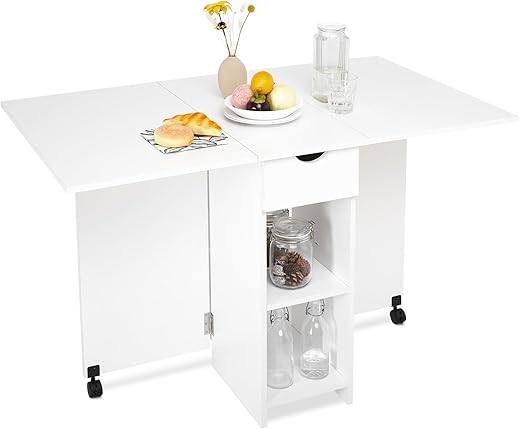 Folding Dining Table, Drop Leaf Table for Small Space with Drawer and Open Storage Shelves, Modern Rectangular Kitchen Dining Table, 47.2" L x 28.3" W(White)
